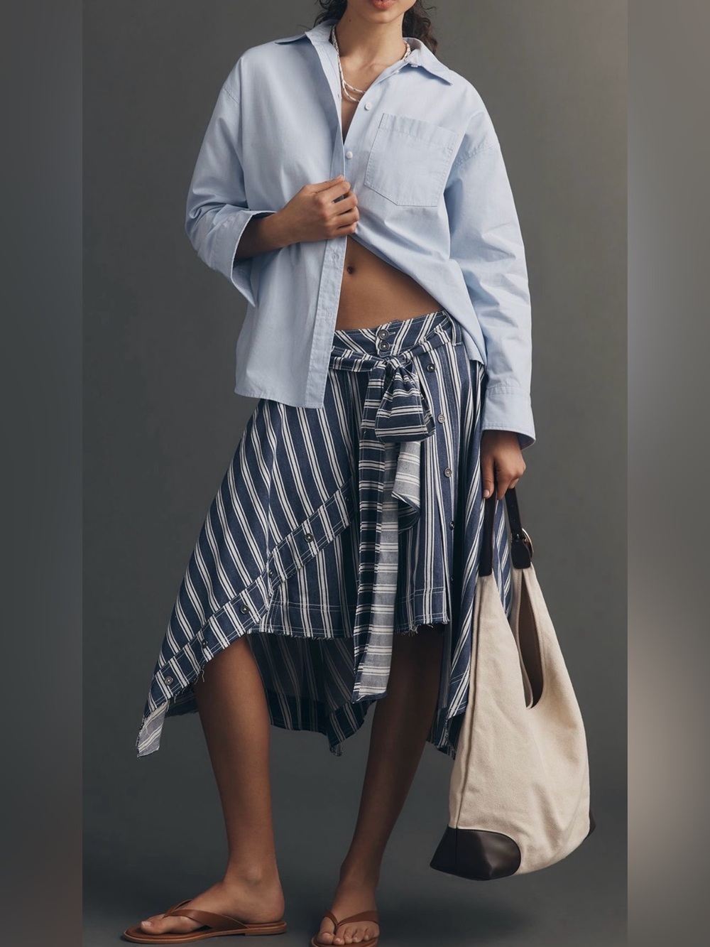 Pilcro Navy and White Asymmetrical Tie-Waist Skirt